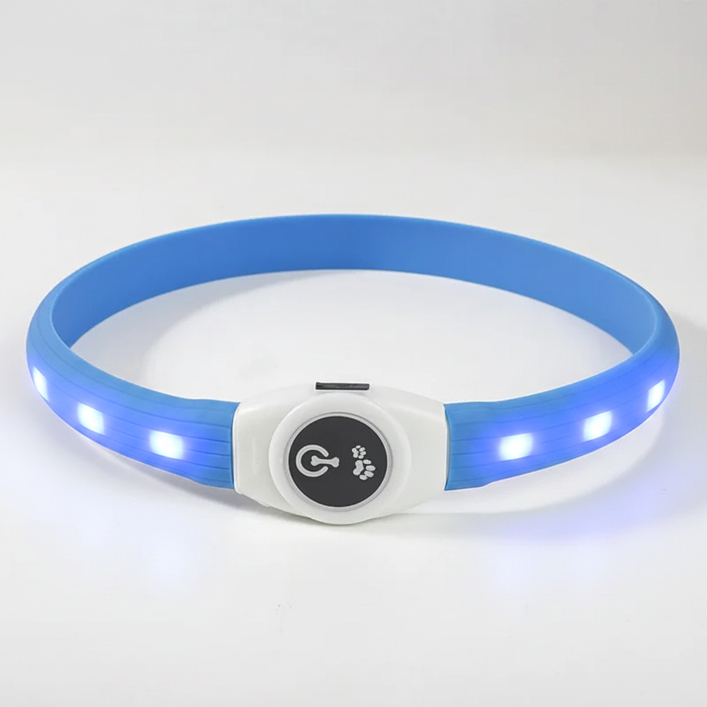 SniffWaggleNWalk GlowLoop™ silicone LED dog collar in blue — product flat lay on white background