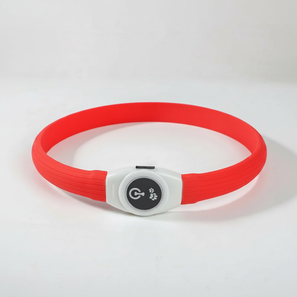 Chocolate Labrador wearing GlowLoop™ LED collar showing full-circle glow in multiple colours — night safety dog collar