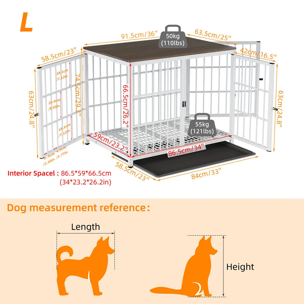 Dog crate with measurement details on a beige background