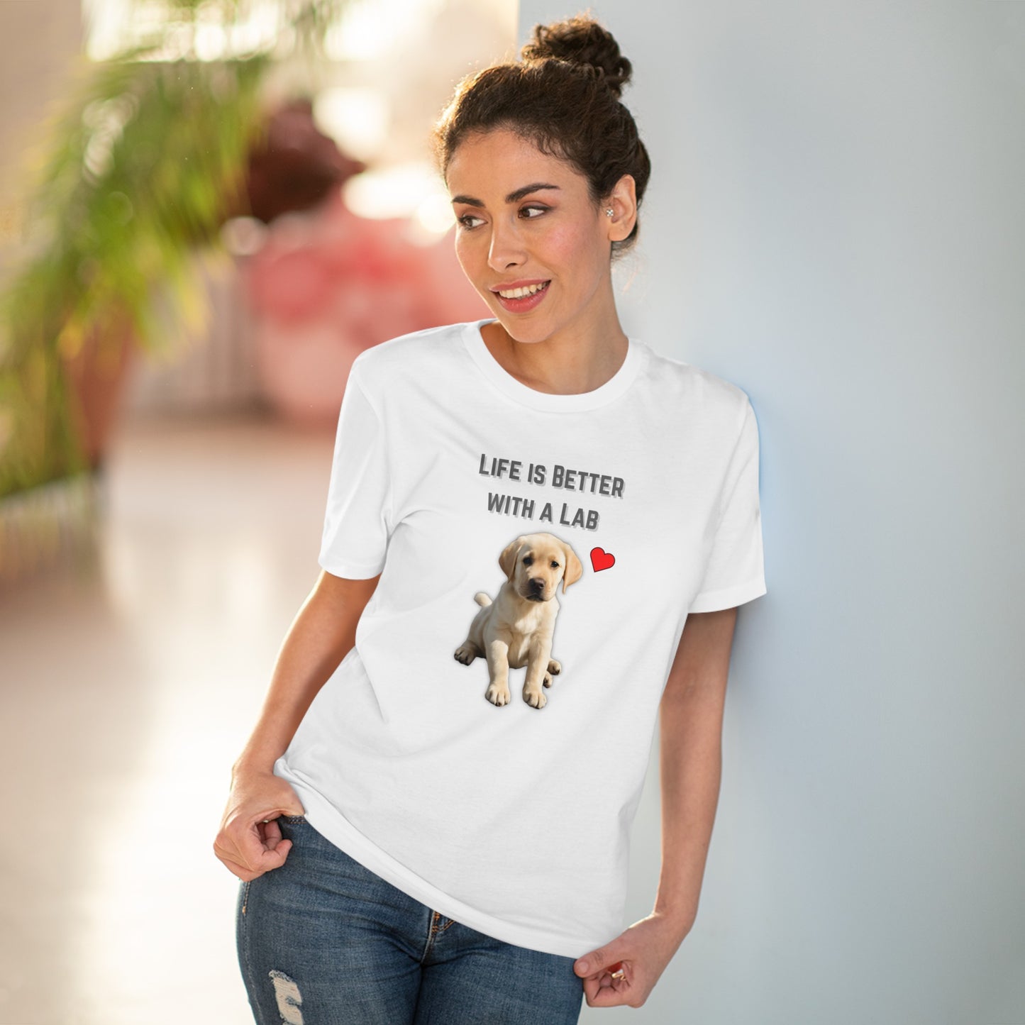 "LIFE IS BETTER WITH A LAB" Organic T-shirt - white mockup model - Sniff Waggle And Walk