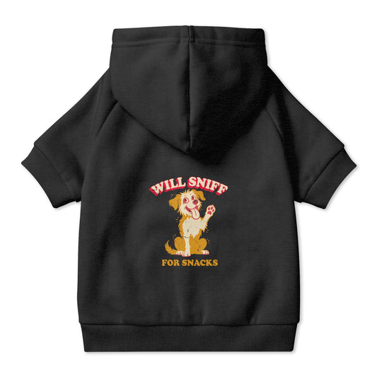 Will Sniff for Snacks Dog Hoodie in Black, back view — SniffWaggleNWalk™
