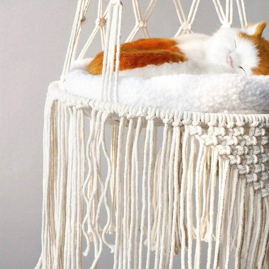 Cat lounging on a macrame hammock against a plain background