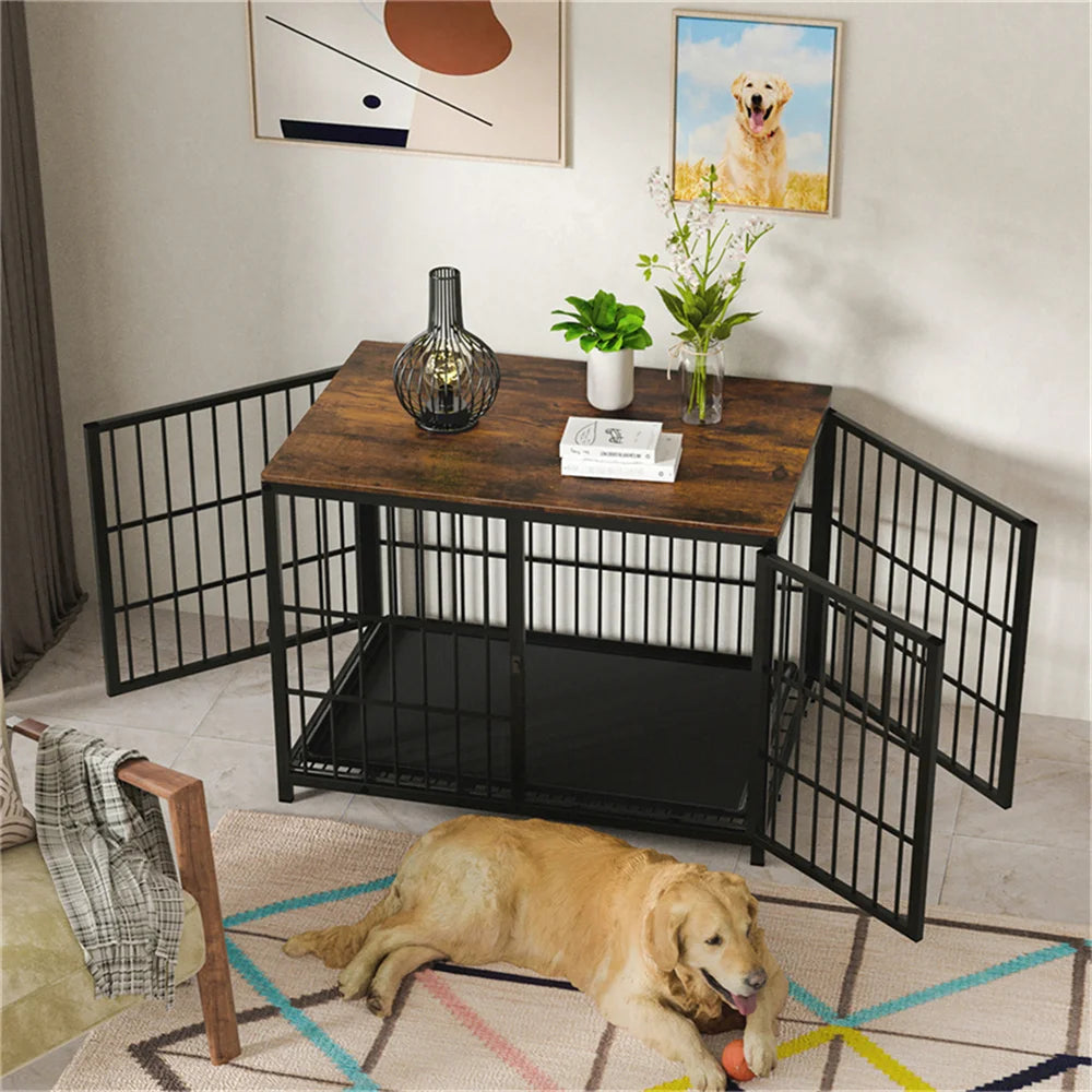 Dog lying on a rug in front of a wooden table with metal cage doors, decorative items on the table.
