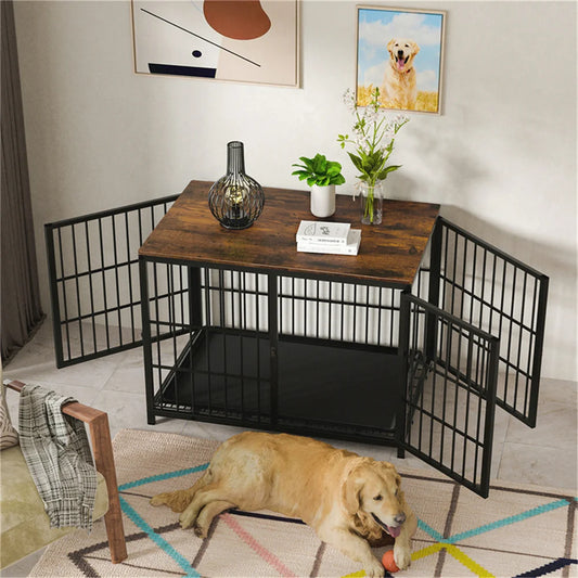 Dog lying on a rug in front of a wooden table with metal cage doors, decorative items on the table.