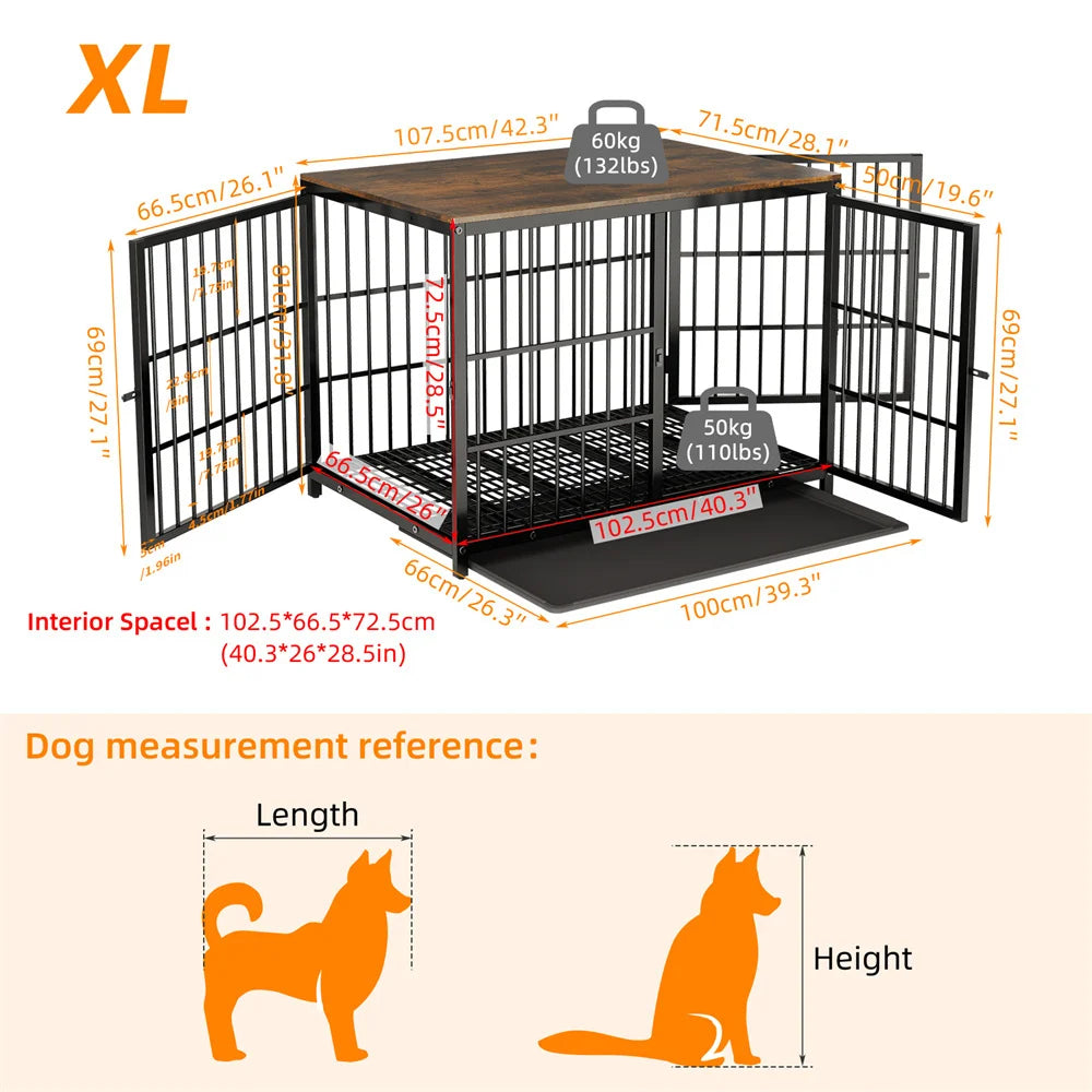 Measurement chart of a large dog crate with dimensions and weight capacity, featuring an orange dog silhouette for reference.