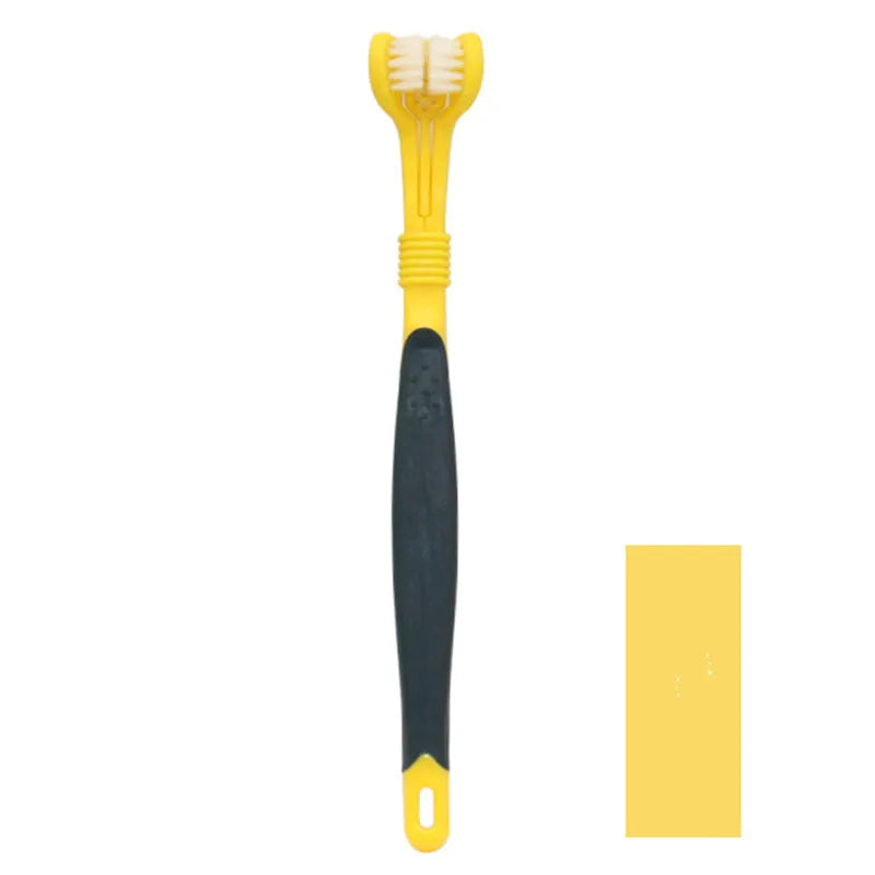 yellow black handle 3-Sided Pet Toothbrush - Sniff Waggle And Walk