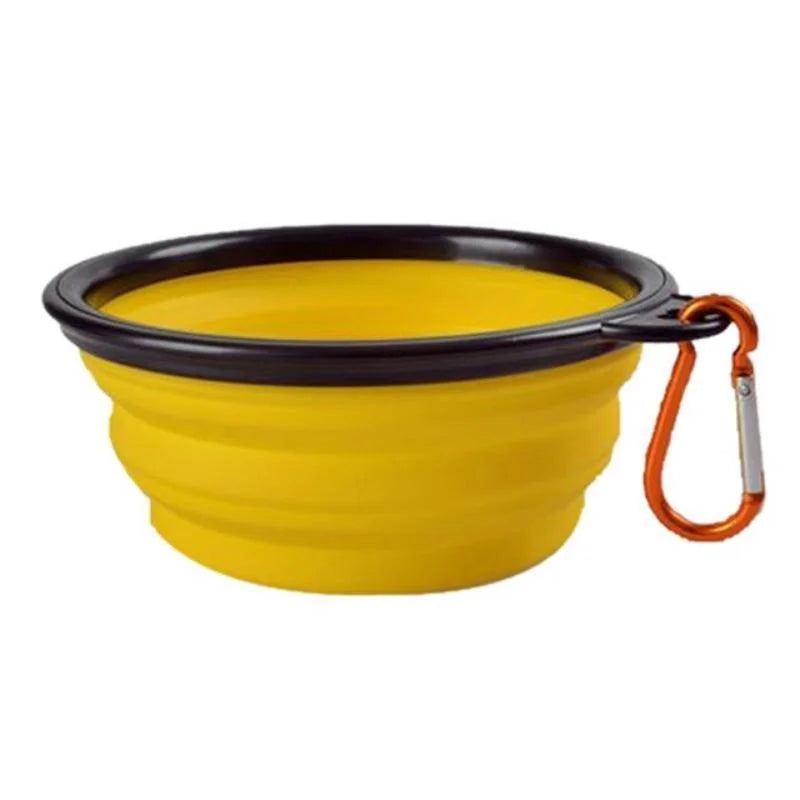 yellow Portable Silicone folding Dog Bowl With Carabiner. - Sniff Waggle And Walk