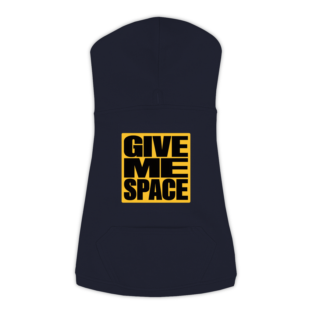 Give Me Space dog hoodie in Navy — bold yellow warning-style typography print on cosy fleece pullover