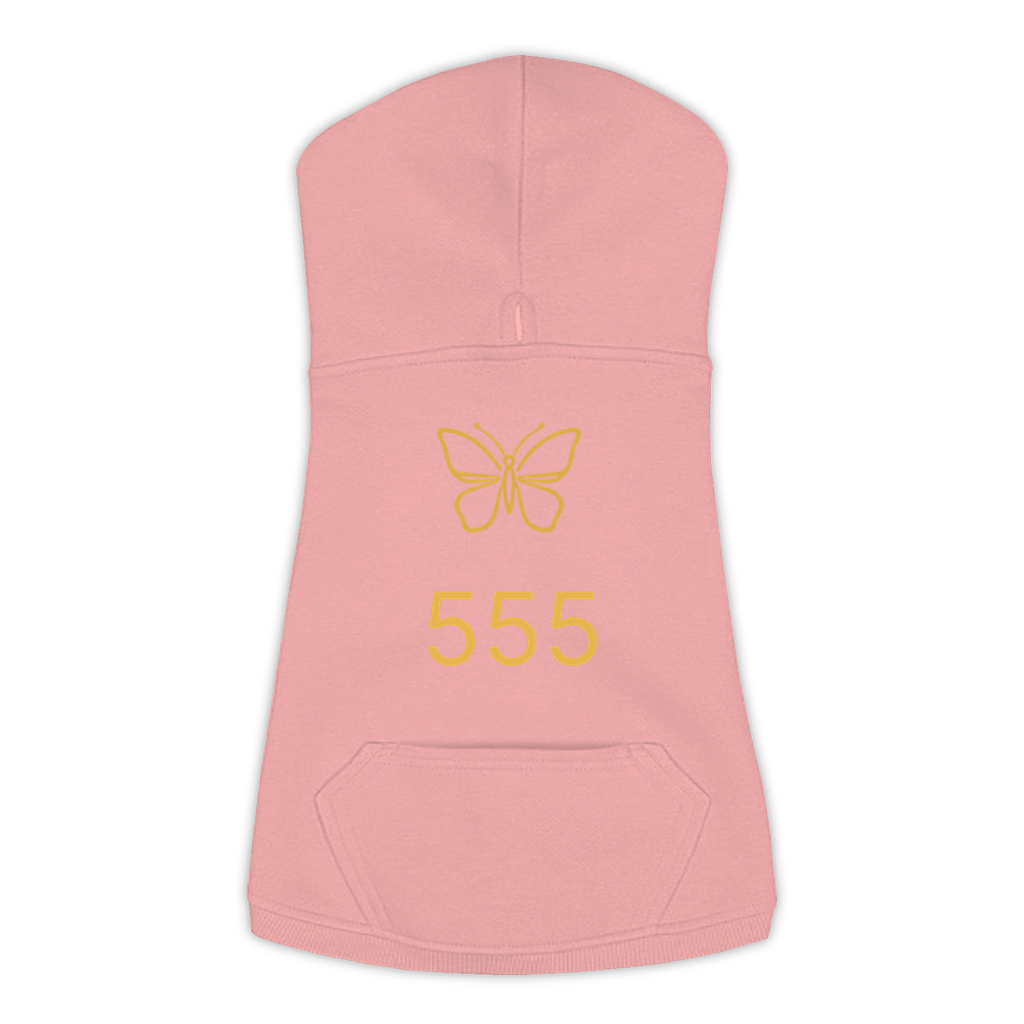 555 Angel Number dog hoodie in Mauvelous — gold butterfly emblem and '555' print on Doggie Skins fleece pullover