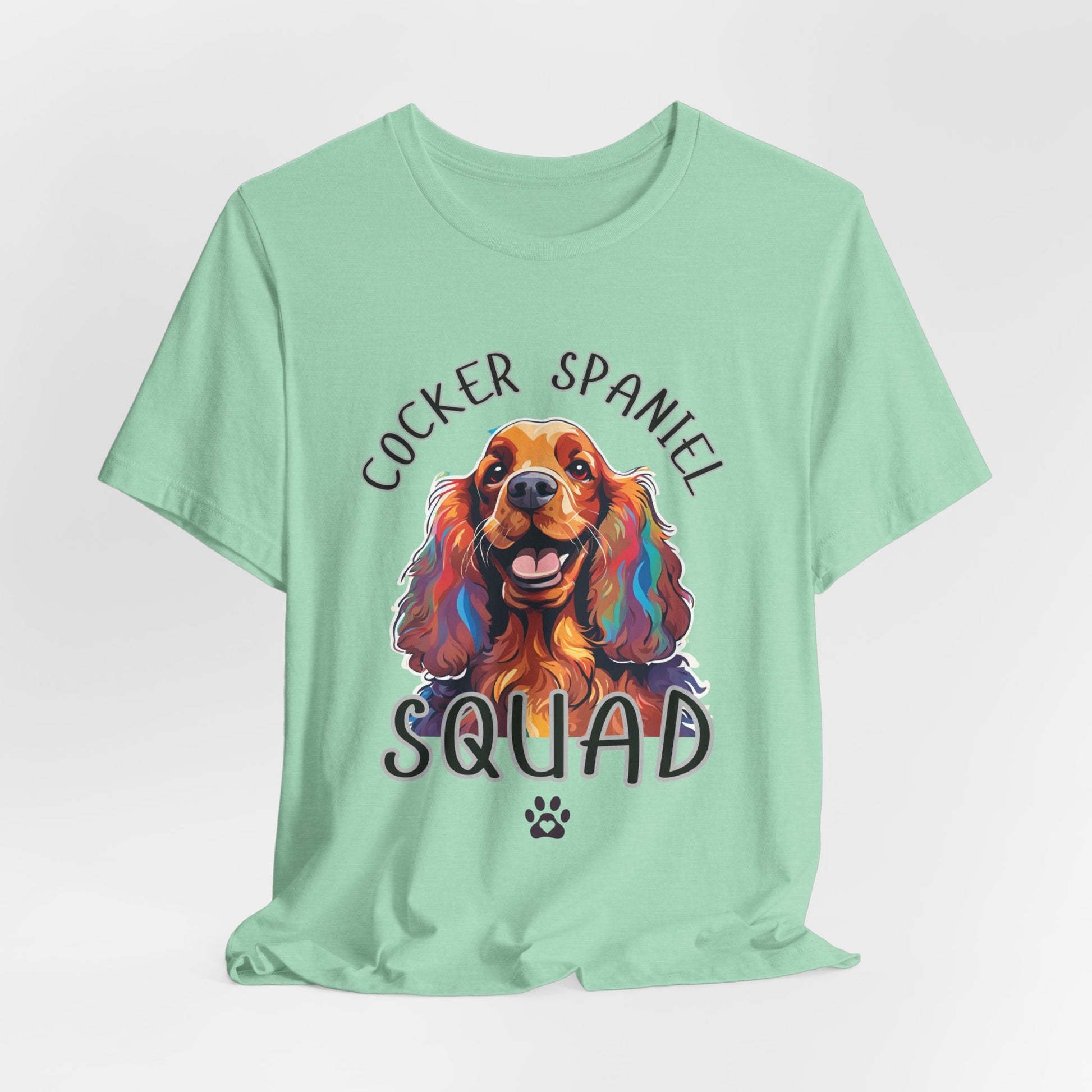 Cocker Spaniel Squad pop-art t-shirt in Heather Mint, hanging front view