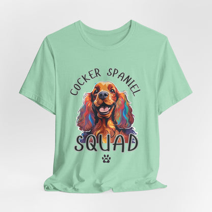 Cocker Spaniel Squad pop-art t-shirt in Heather Mint, hanging front view