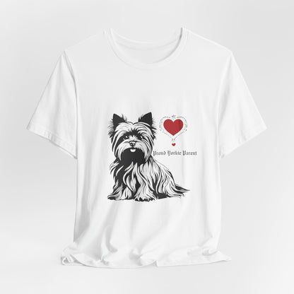 White Proud Yorkie Parent graphic tee draped flat showing Yorkshire Terrier heart print
