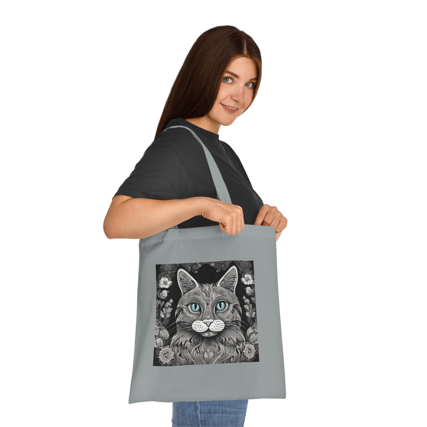 mandala cat tote bag grey — 100% cotton, one size, 5 colours cat