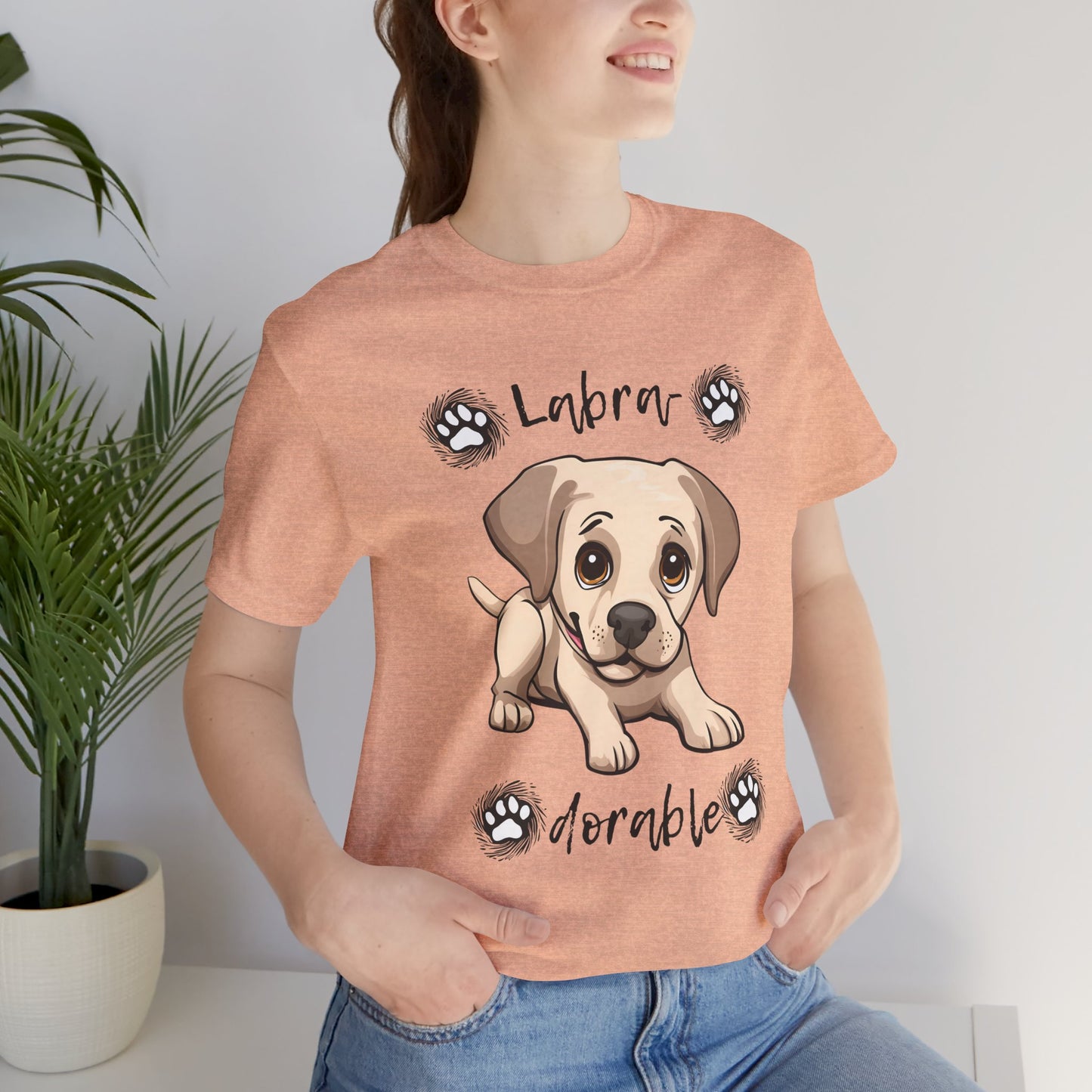 Labra-DORABLE Labrador puppy t-shirt in Heather Peach worn by a model, front view
