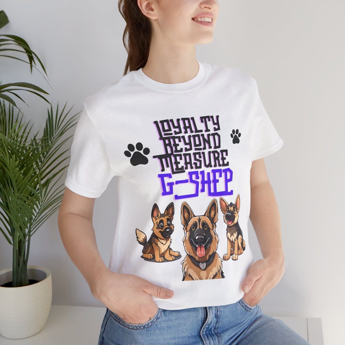 Loyalty Beyond Measure German Shepherd t-shirt in White worn by a model, front view