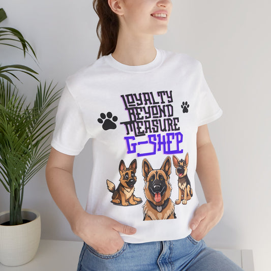Loyalty Beyond Measure German Shepherd t-shirt in White worn by a model, front view
