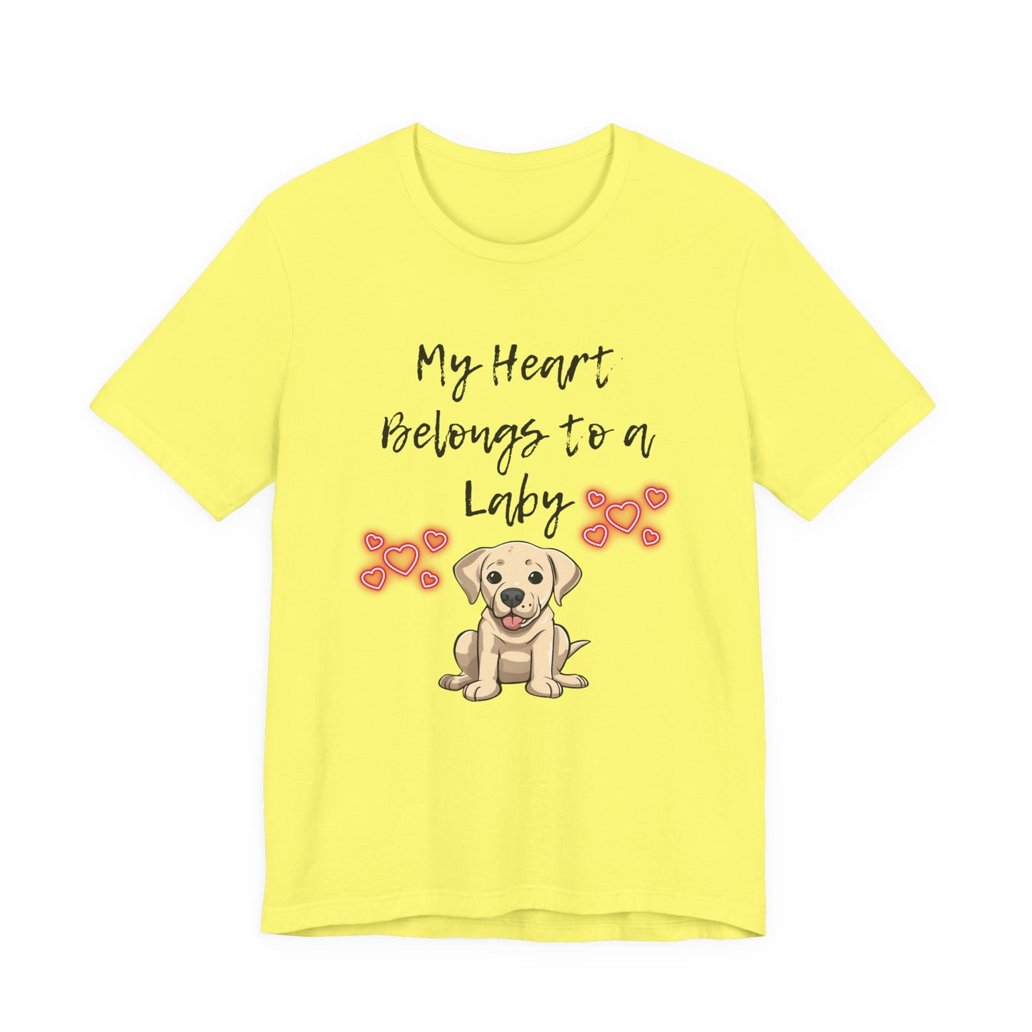 My Heart Belongs to a Laby Labrador t-shirt in Yellow, flat lay front view