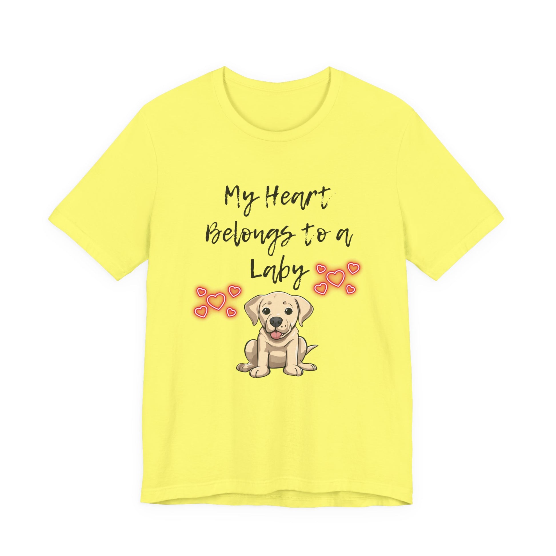 My Heart Belongs to a Laby Labrador t-shirt in Yellow, flat lay front view