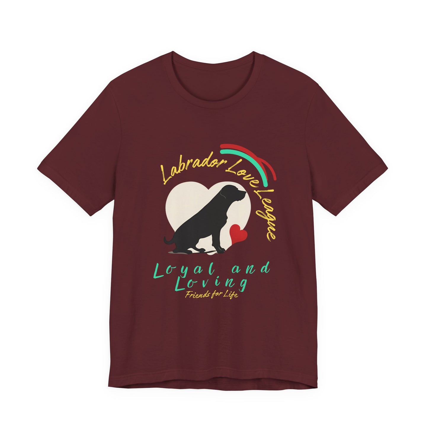 Maroon Labrador Love League unisex tee laid flat showing black Lab and cream heart print