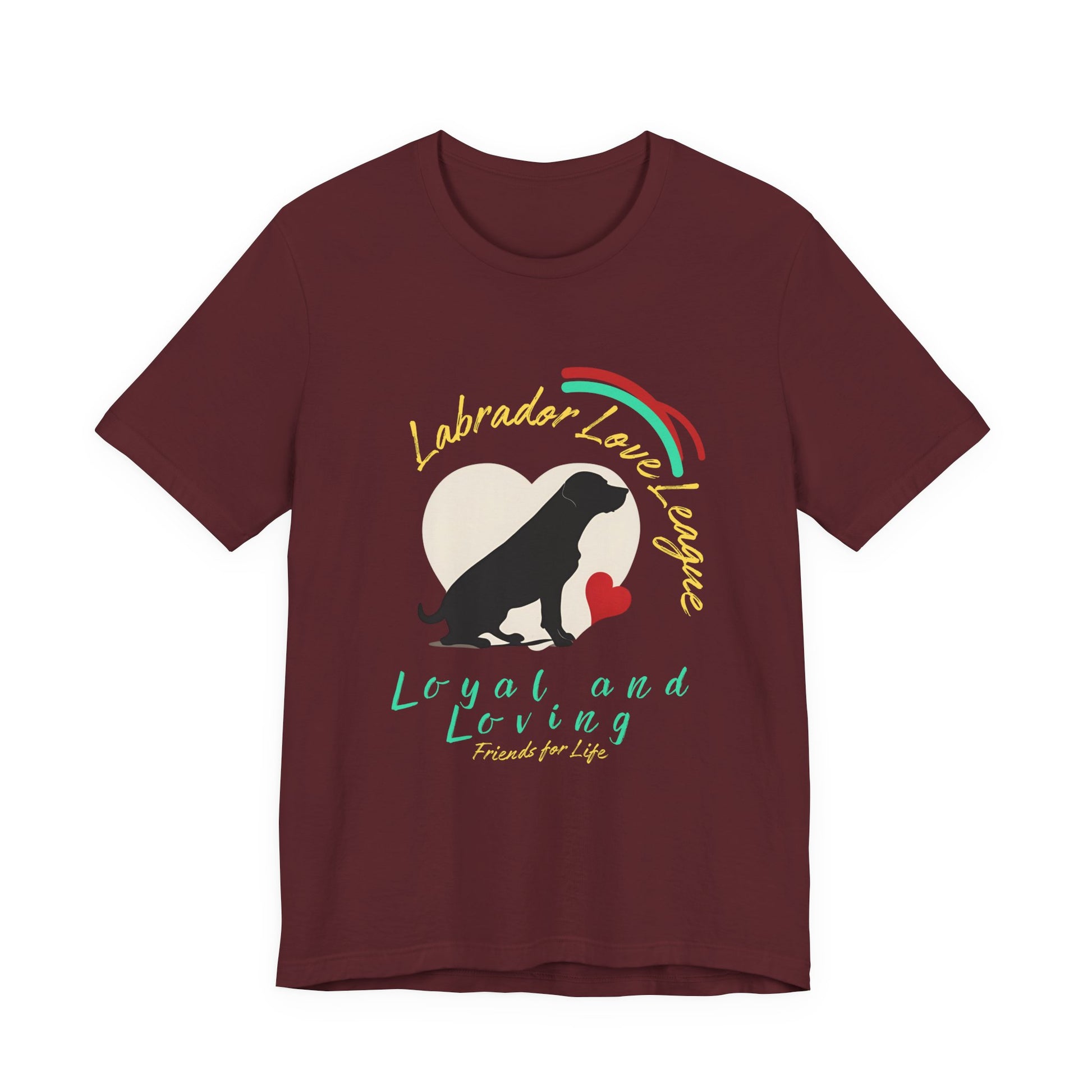 Maroon Labrador Love League unisex tee laid flat showing black Lab and cream heart print