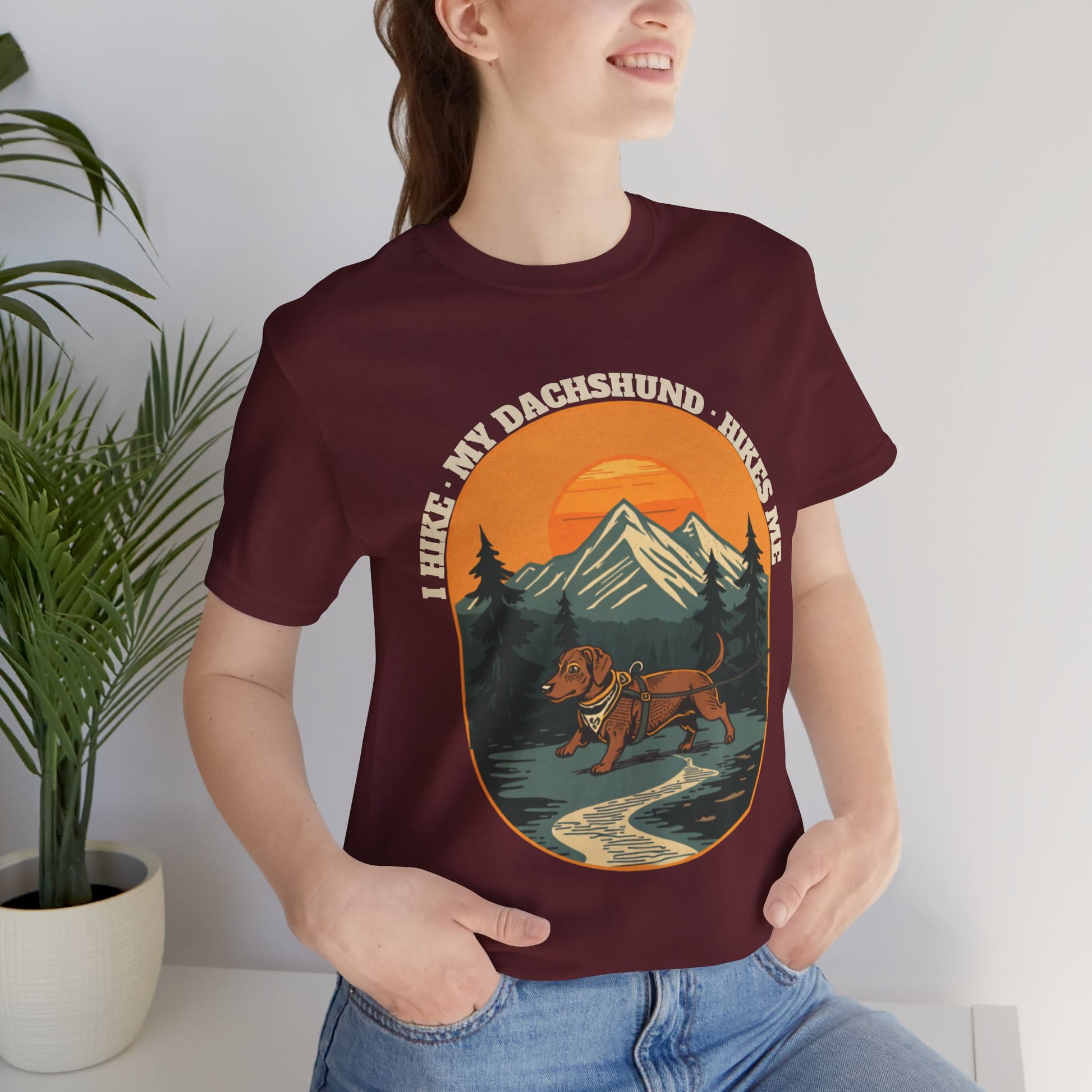 Navy dachshund hiking gift t-shirt laid flat