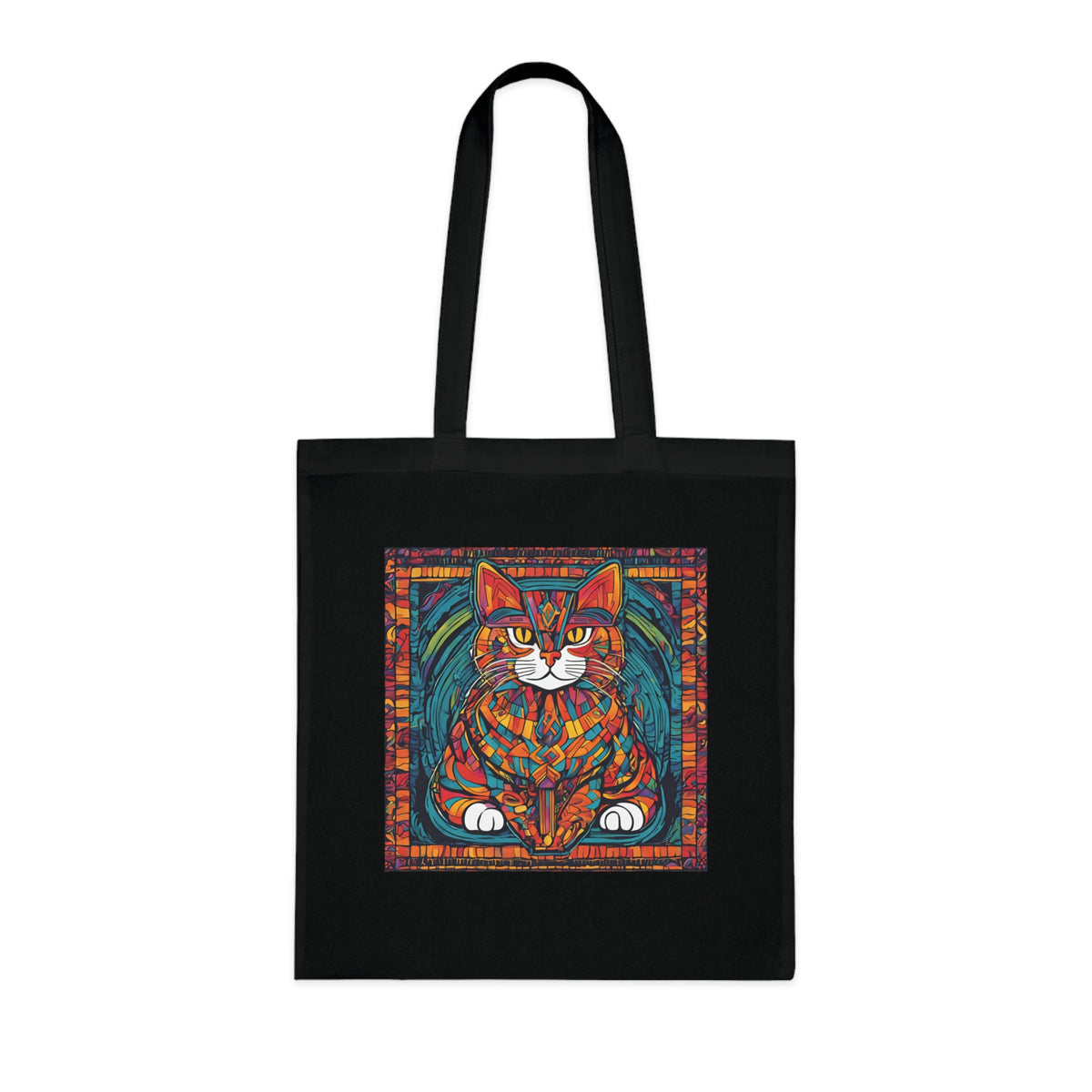 Stained glass cat tote in black — glowing jewel-toned cat design on dark cotton, dramatic like light through a cathedral window