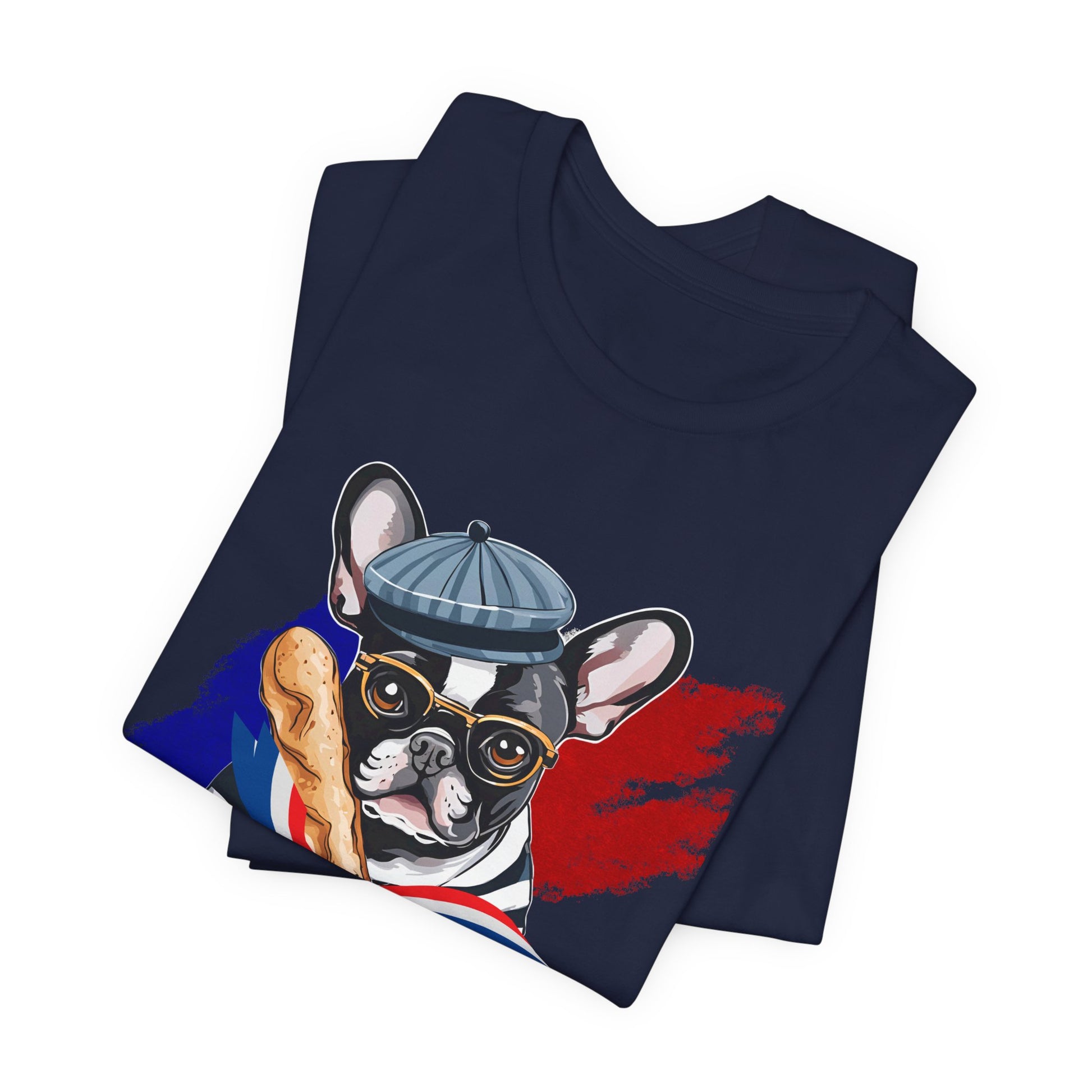 French Bulldog Baguette Navy tee — zoomed Frenchie graphic showing DTG print quality — SniffWaggleNWalk™