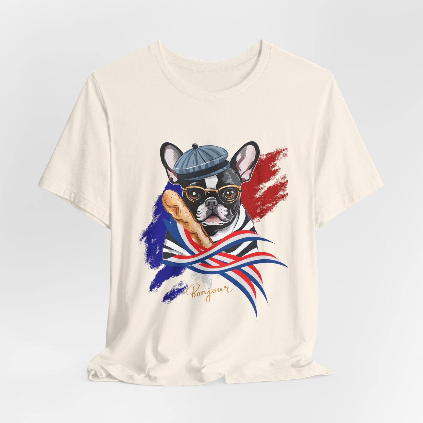 French Bulldog Baguette tee — Red lifestyle shot, casual unisex fit on model — SniffWaggleNWalk™
