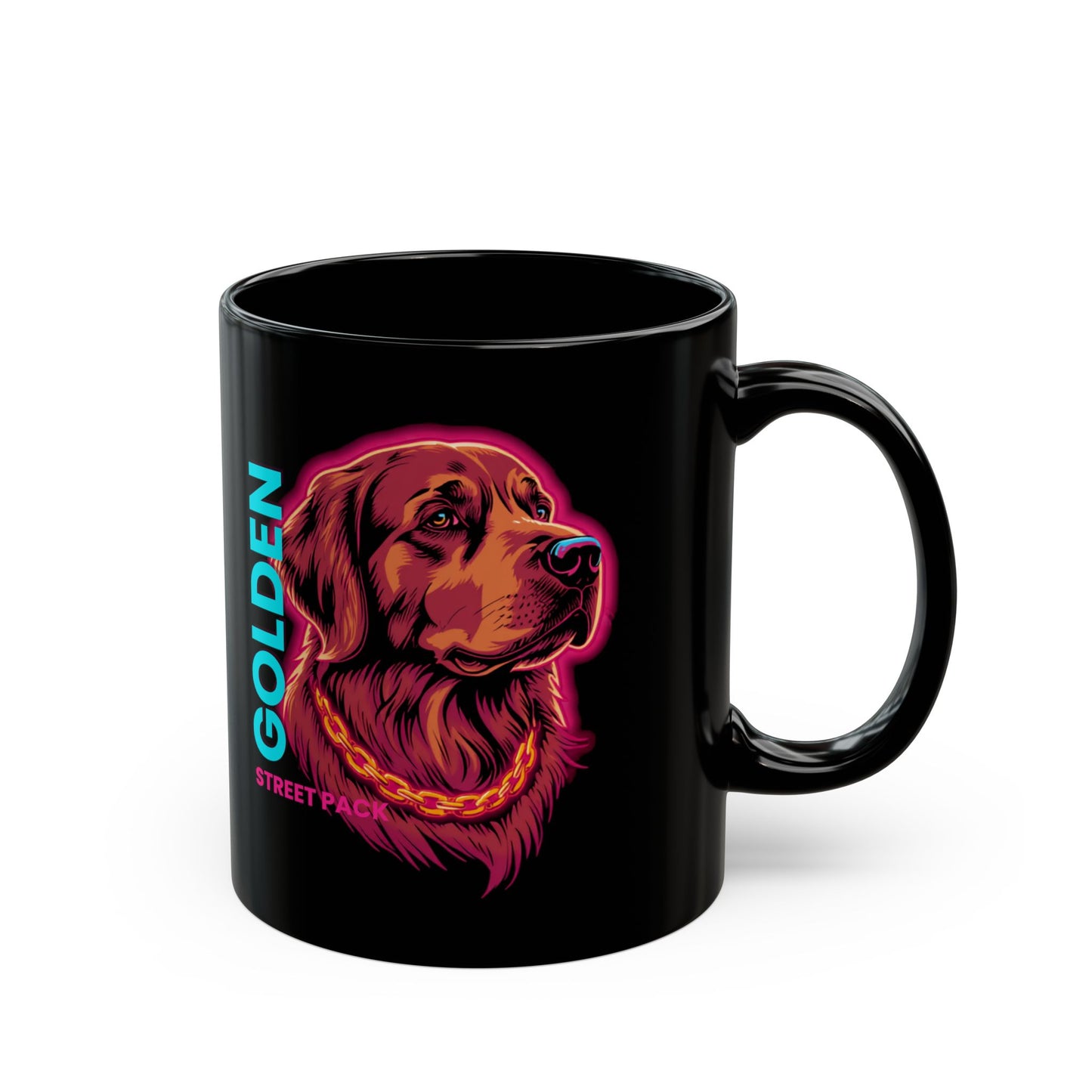 Golden Retriever Neon Portrait Mug — Black 11oz/15oz Coffee Cup