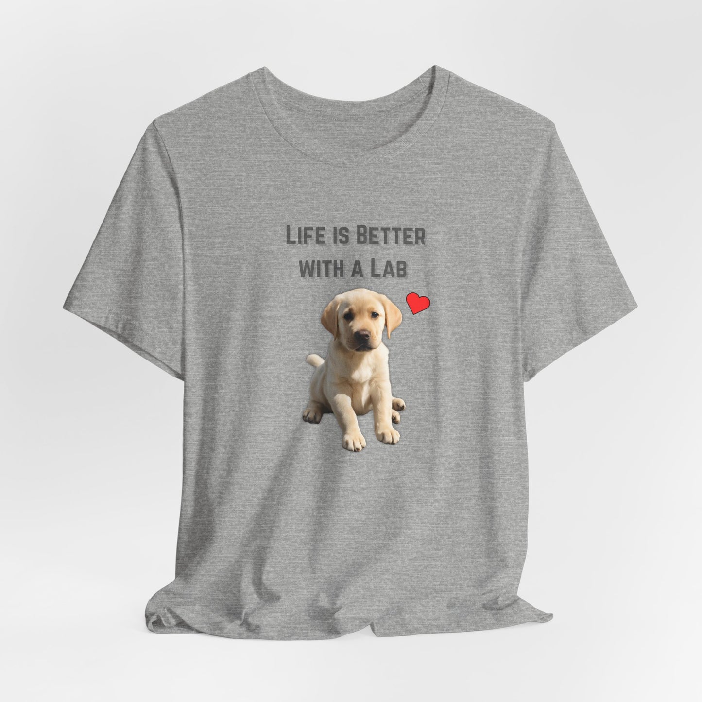 Life Is Better with a Lab puppy t-shirt in Athletic Heather, hanging front view