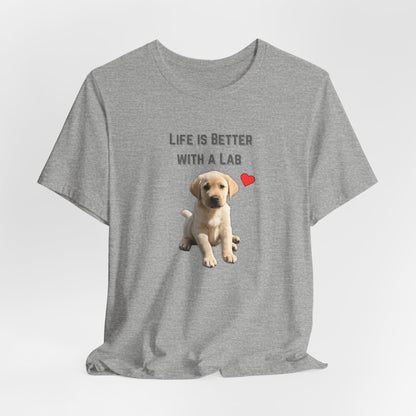 Life Is Better with a Lab puppy t-shirt in Athletic Heather, hanging front view