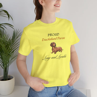 Proud Dachshund Parent t-shirt size reference on model