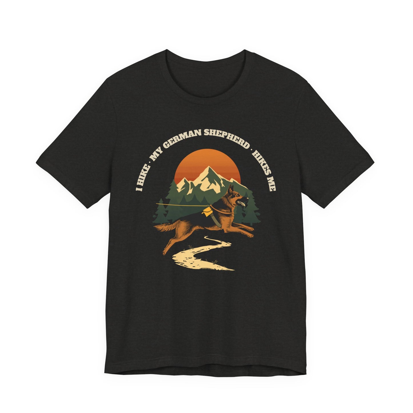 Dark grey heather I Hike My German Shepherd Hikes Me tee front view