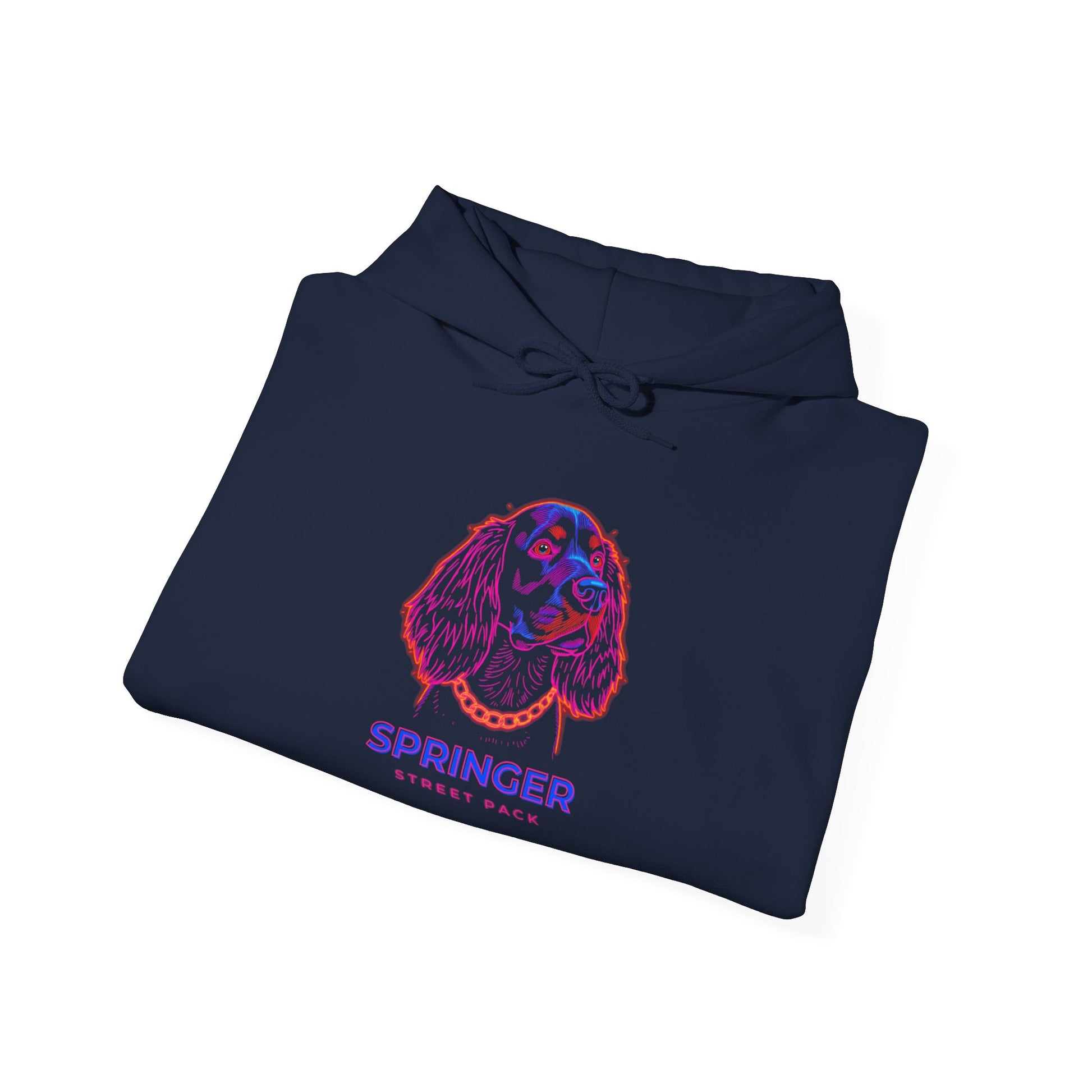 Springer Spaniel neon hoodie on black fabric