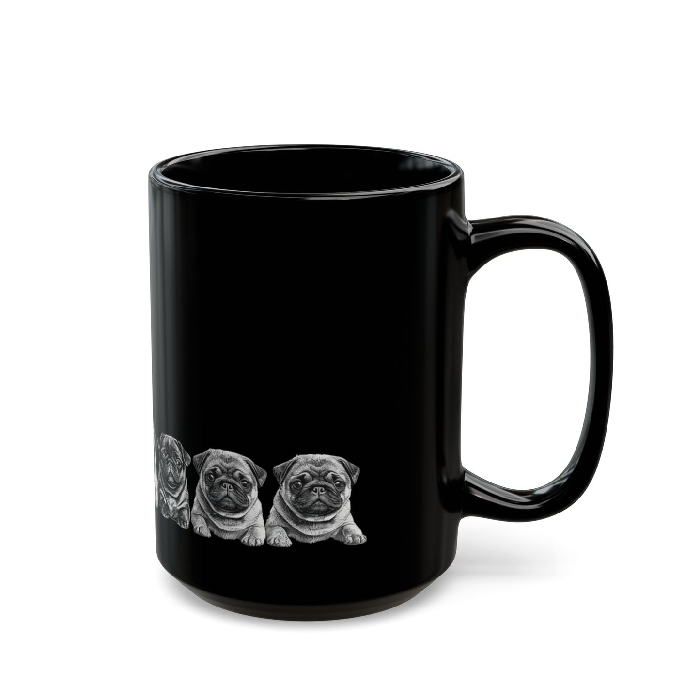 Pug Parade Black Ceramic Mug — 11oz & 15oz Cute Pug Lineup Coffee Cup