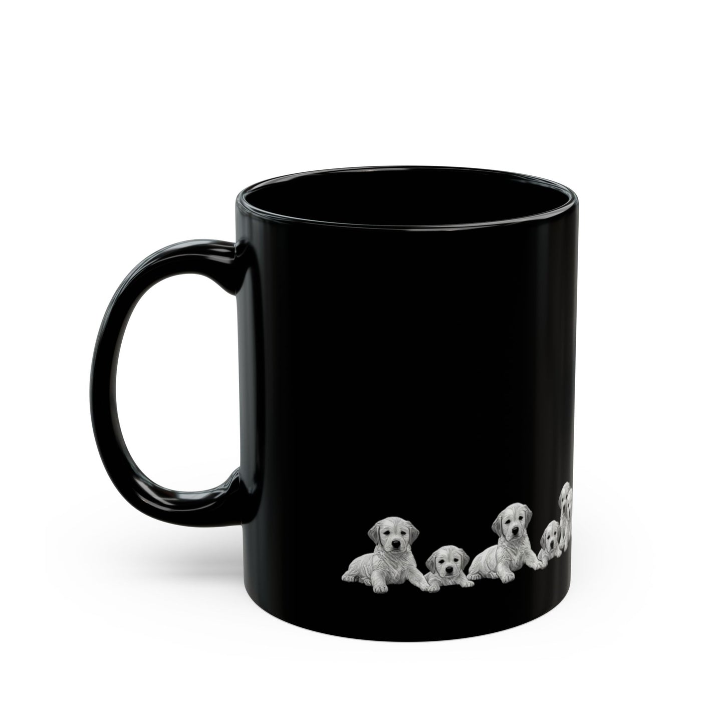 Black Puppy Row Mug — Cute golden retriever Puppies Ceramic Coffee Cup (11oz/15oz)