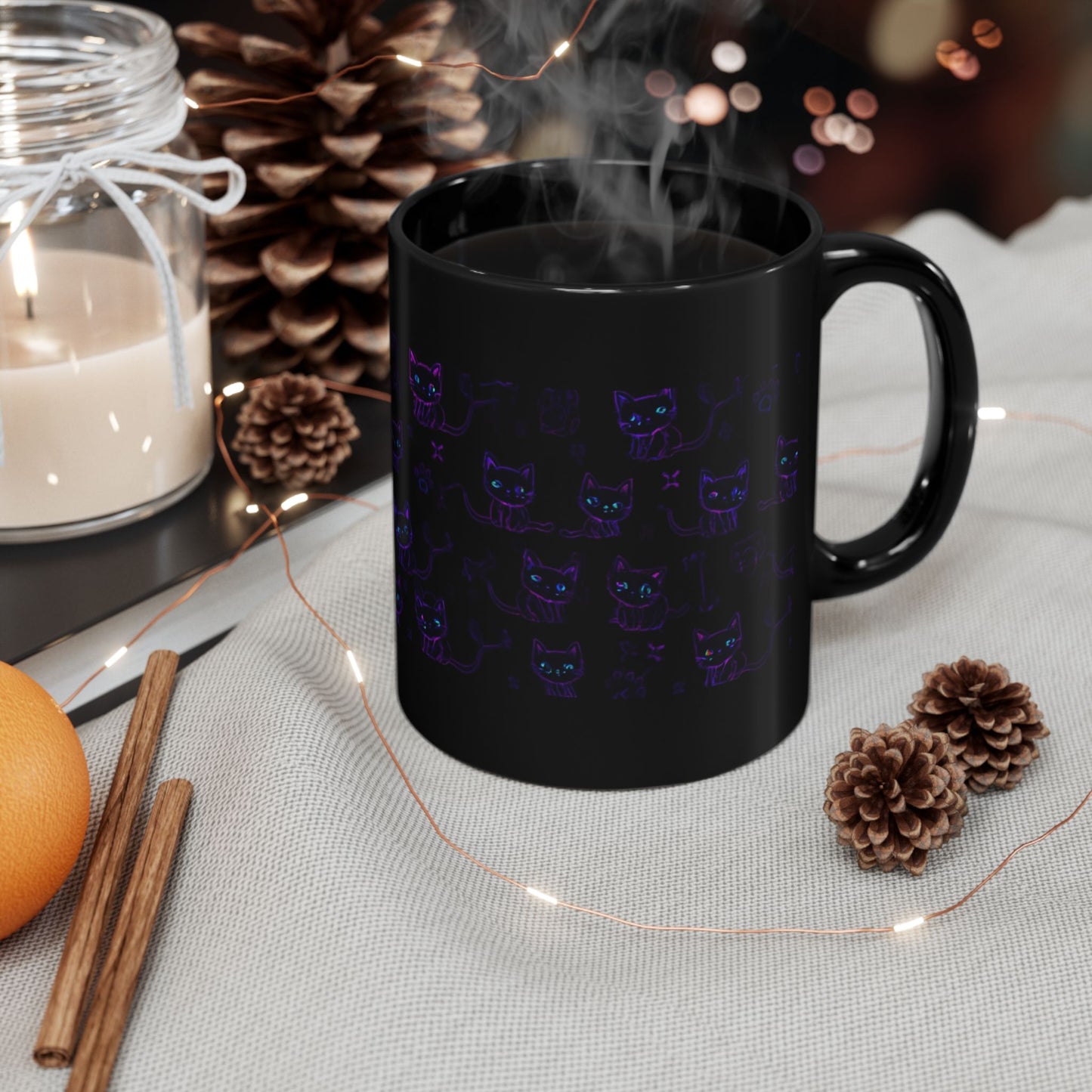 Black Cat Pattern Mug — Neon Gothic Cat Coffee Cup (11oz & 15oz)