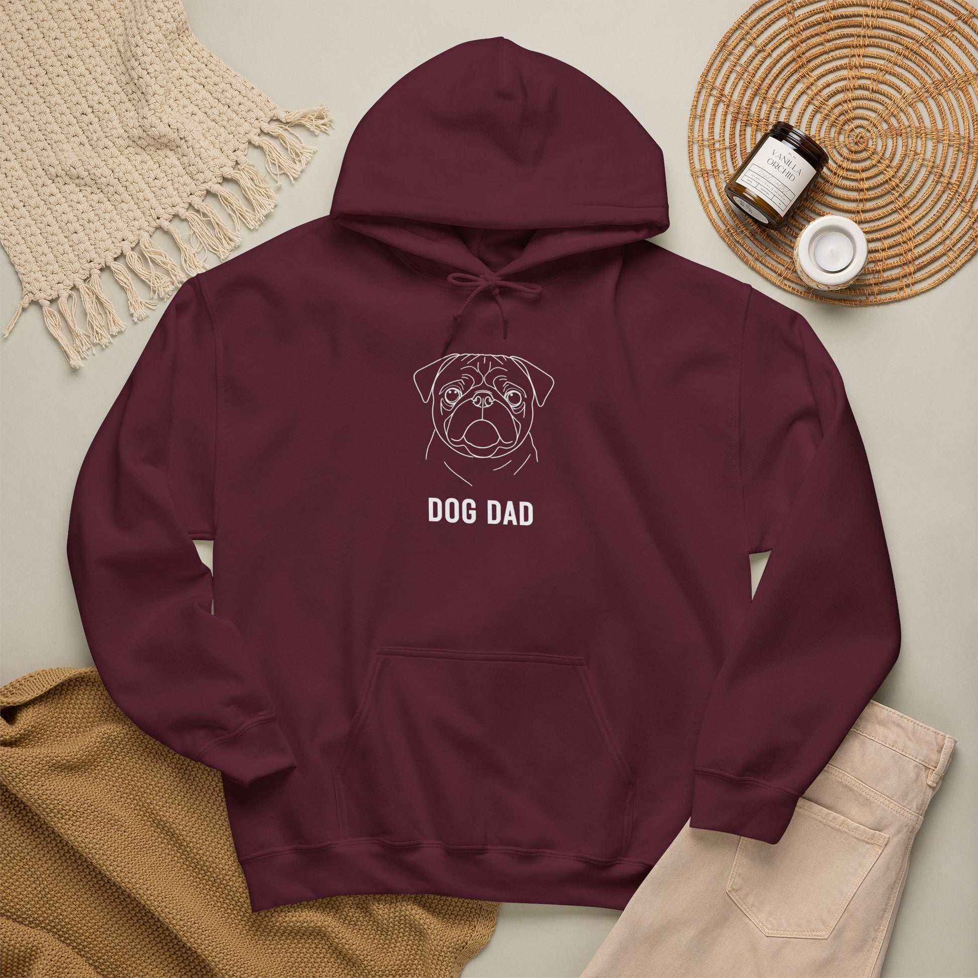 Navy Pug Dog Dad hoodie with minimalist white line art
