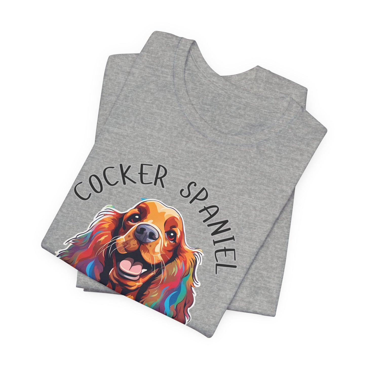 Cocker Spaniel Squad pop-art t-shirt in Athletic Heather, folded view showing print