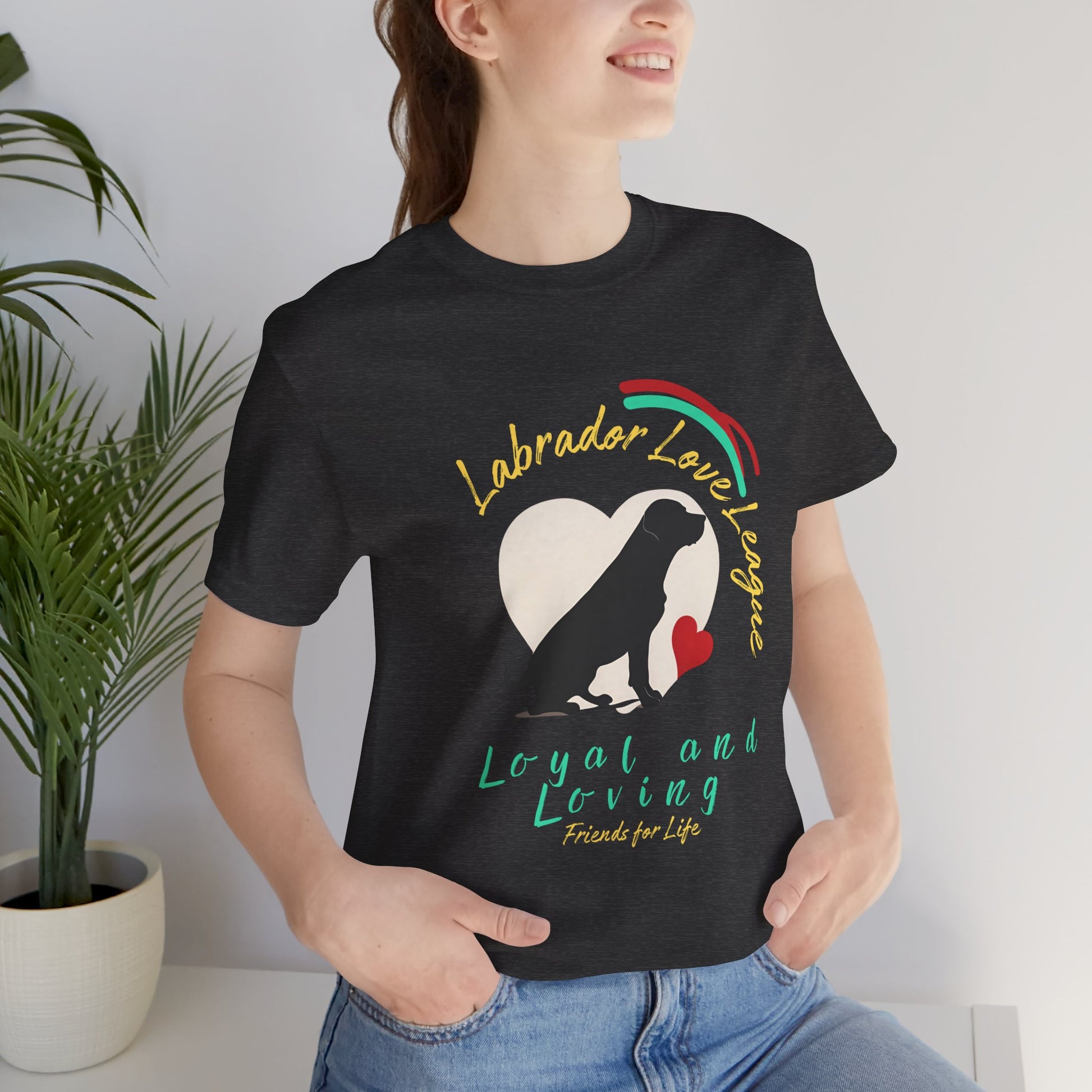 Woman wearing Dark Grey Heather Labrador Love League t-shirt with Lab heart graphic