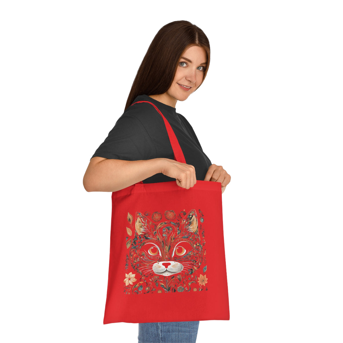Transparent cat cotton tote bag size reference — 42 x 38cm with 30cm handles