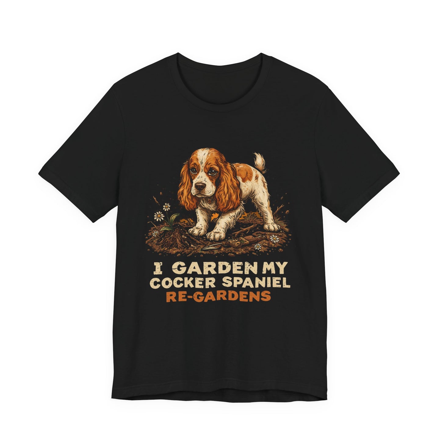 Cocker Spaniel gardening t-shirt close-up of design