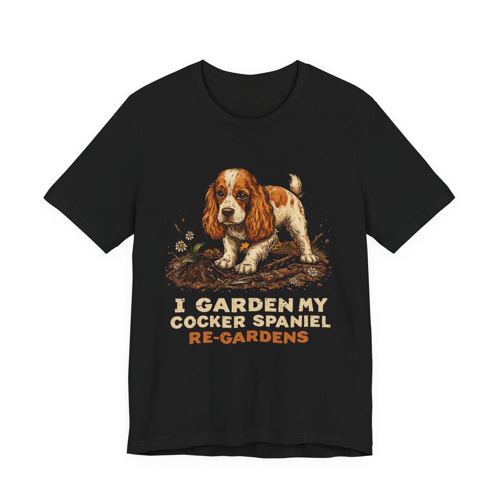 Cocker Spaniel gardening t-shirt close-up of design