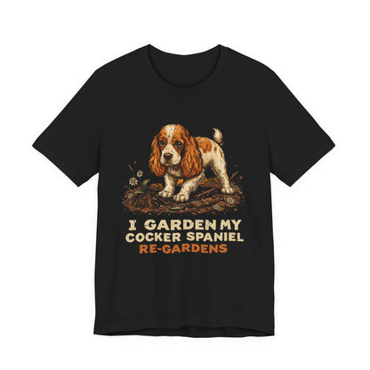 Cocker Spaniel gardening t-shirt close-up of design