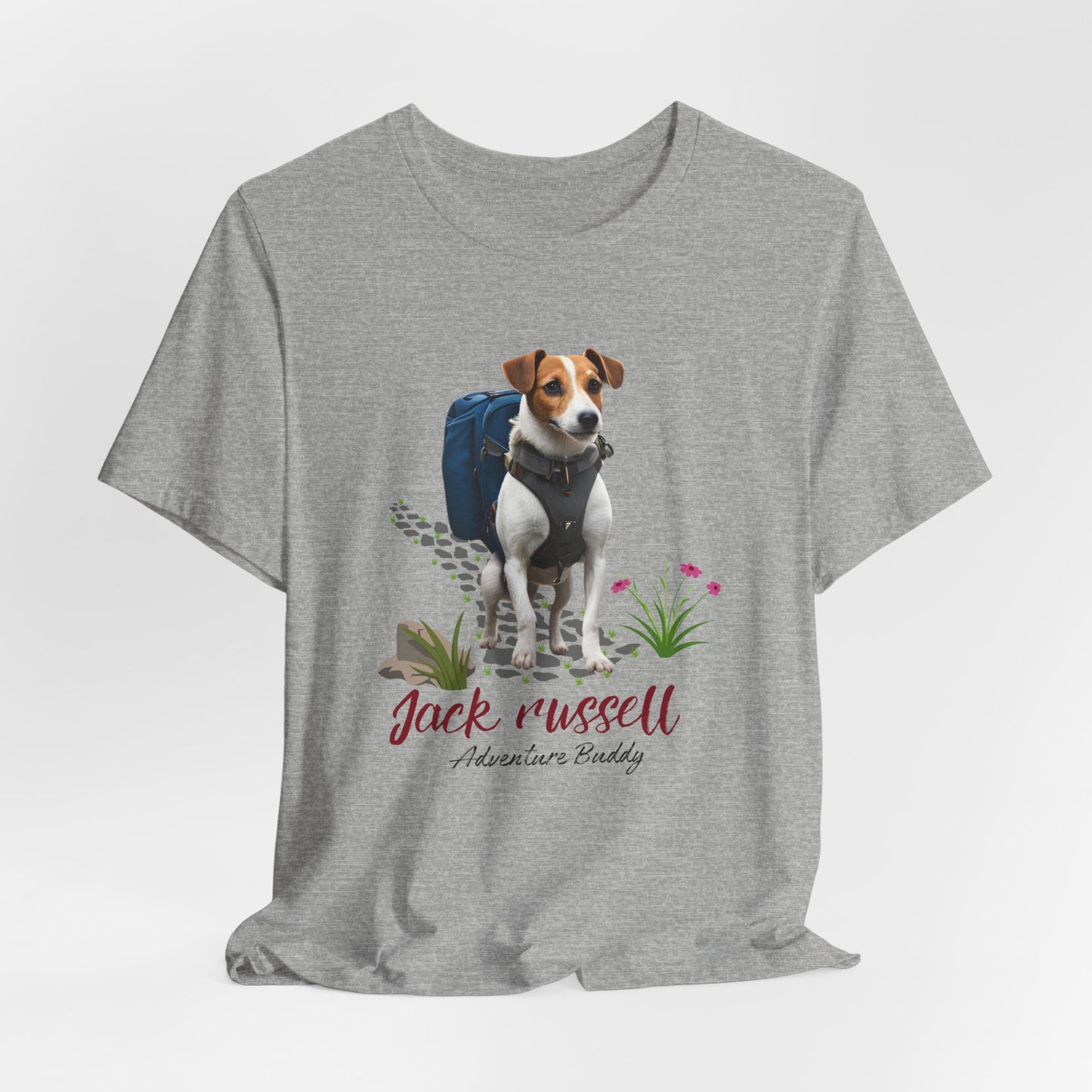 Athletic Heather Jack Russell Adventure Buddy graphic tee flat front view with hiking dog print