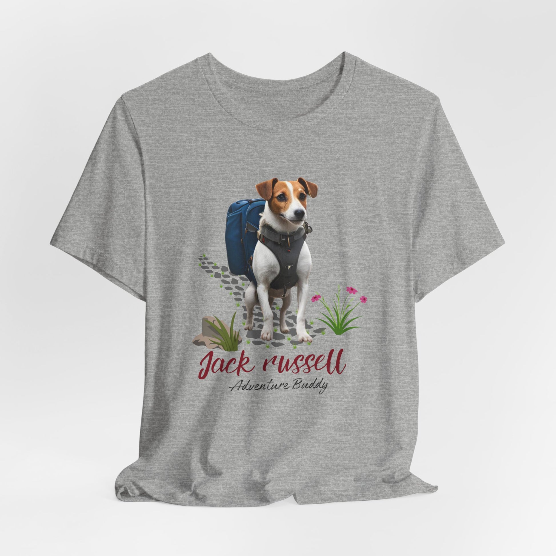 Athletic Heather Jack Russell Adventure Buddy graphic tee flat front view with hiking dog print