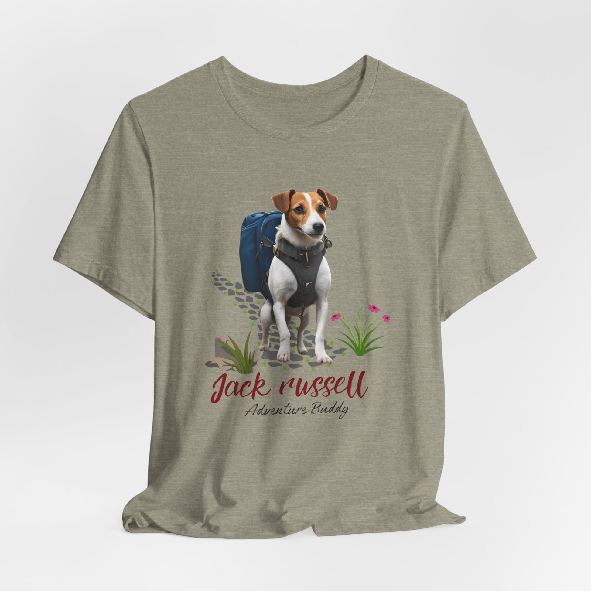 Heather Stone Jack Russell Adventure Buddy graphic tee flat front view with hiking dog print