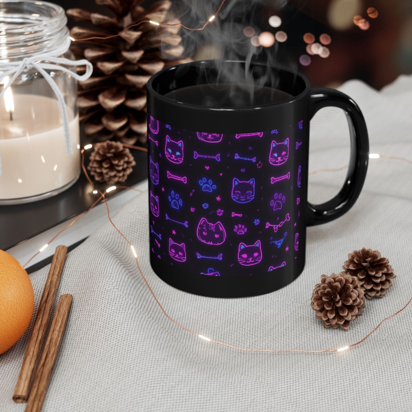 Neon Cat Pattern Black Mug — Glow-in-the-Dark Style Coffee Cup