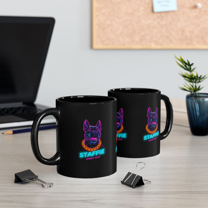 Staffie Neon Dog Black Mug — Retro Street Pack Coffee Cup (11oz/15oz)