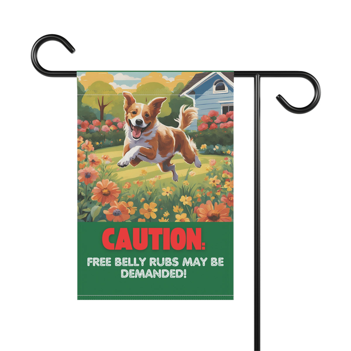 Caution Free Belly Rubs garden sign on fence, 12x18 inch